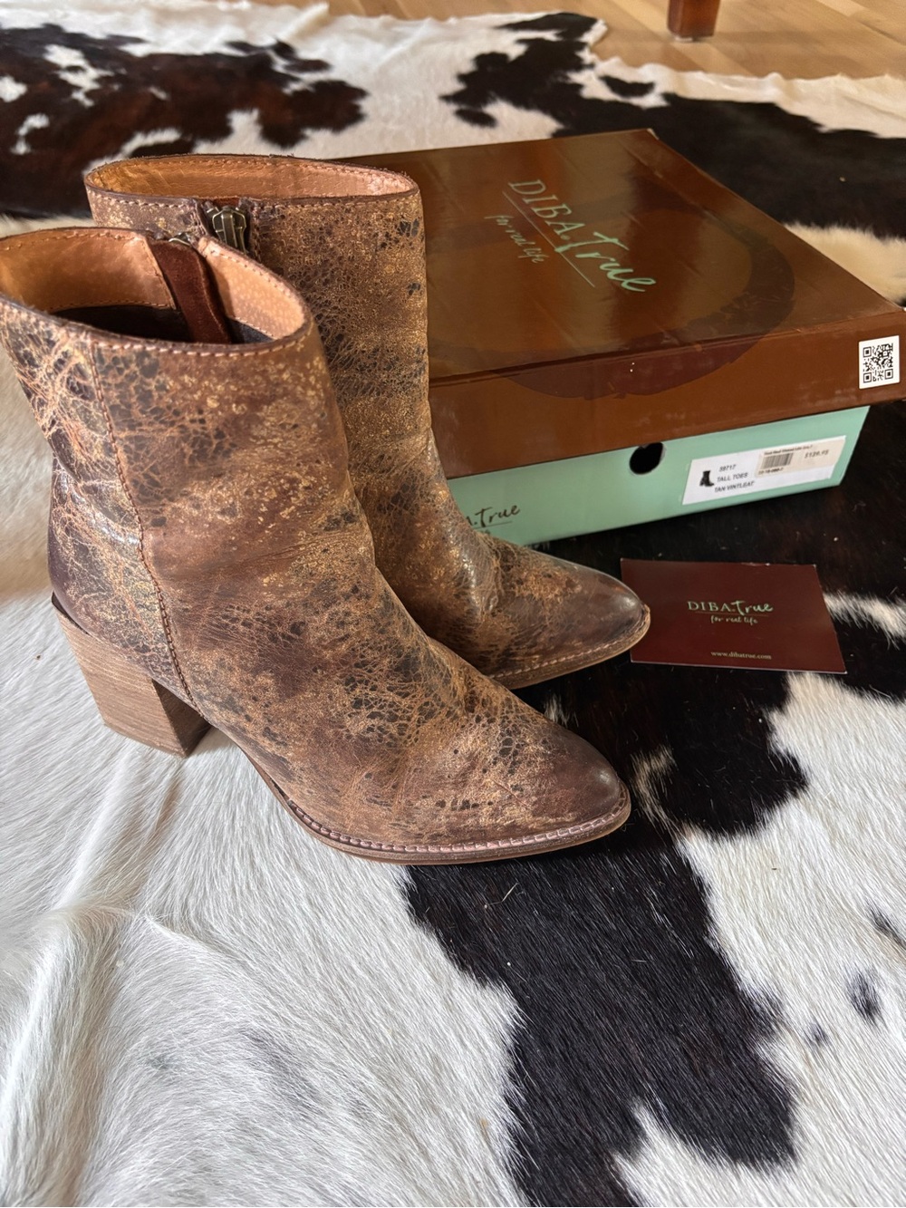 Diba True Brown Distressed Leather Block Heel Ankle Boots